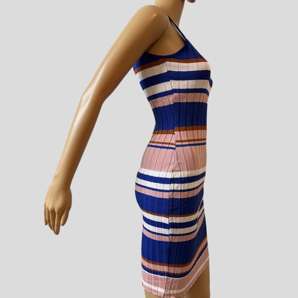 Women Ribbed Woven Bodycon Dress Medium M Blue Pink White Stretch Wide Stripes - Picture 6 of 16